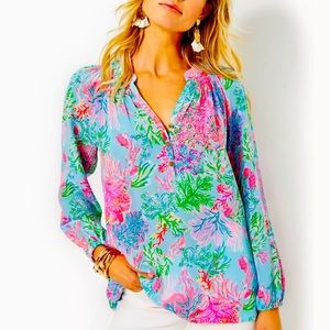 Lilly Pulitzer Elsa Silk Top in Celestial Blue Cay To My Heart - Size L - NWT